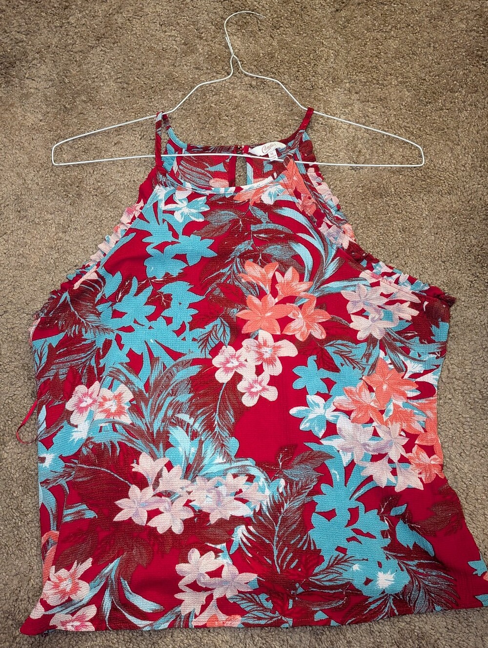 Floral Halter Tank Top in Red and Turquoise